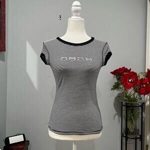 Bebe Striped Cotton Bling Rhinestone Y2K Short Sleeve Crew Neck Contrast T Shirt